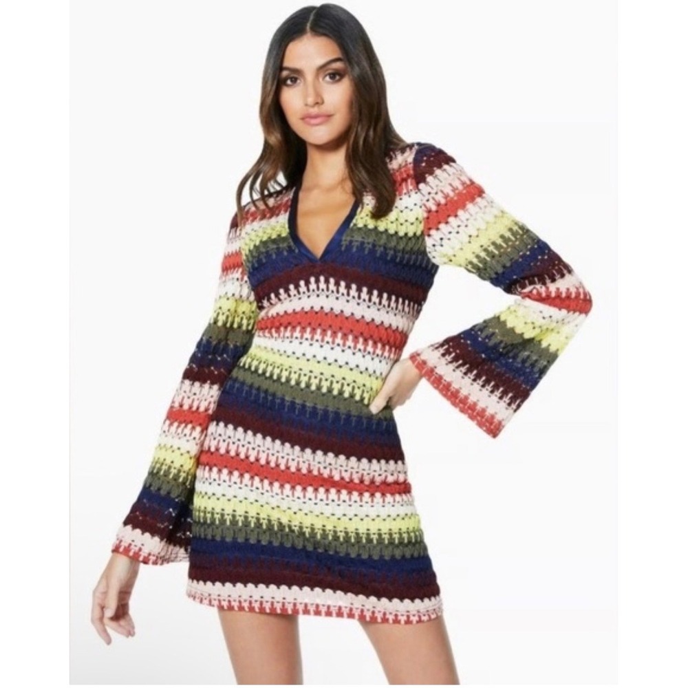 Ramy Brook‎ Multi Color Striped Crochet Knit V-Neck Bell Sleeve Mini Dress Large